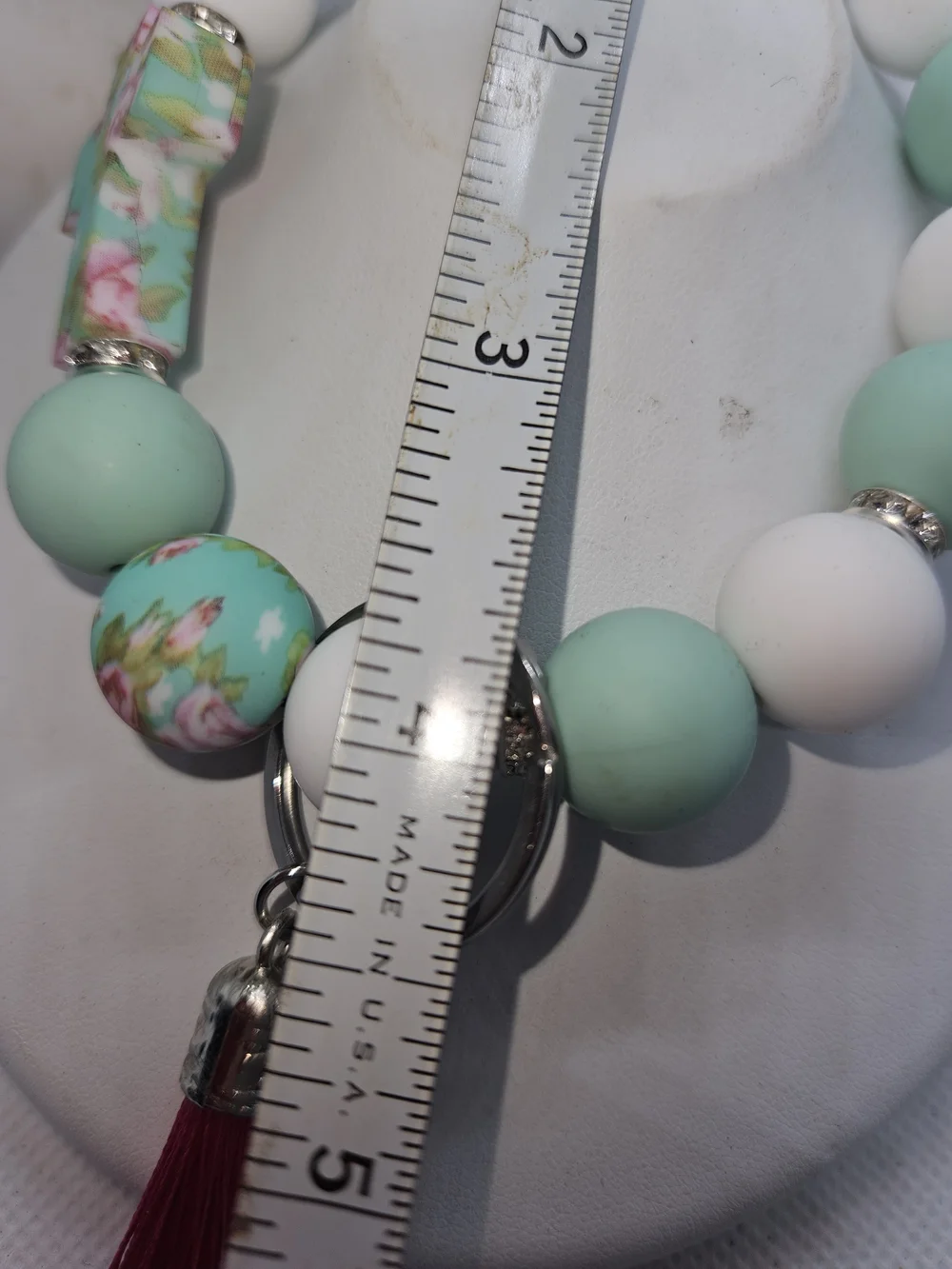 Mint & White Beaded Key Ring with Pink Tassel